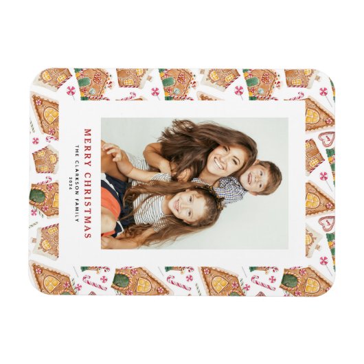 フェスティバルジンジャーブレッドハウスホワイトフォトクリスマス マグネット (横)