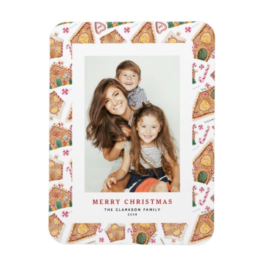 フェスティバルジンジャーブレッドハウスホワイトフォトクリスマス マグネット (縦)