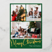 フェスティバルスクリプトグリーン3フォトメリークリスマス金ゴールド 箔シーズンカード (正面)