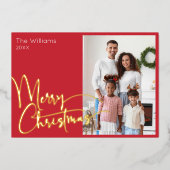 フェスティバルスクリプトレッドフォトメリークリスマス金ゴールド 箔シーズンカード (正面)