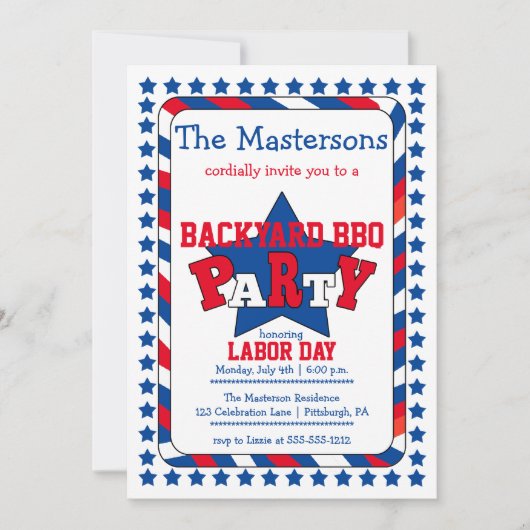 フェスティバルスターとストライプ愛国労働日BBQ 招待状 (正面)
