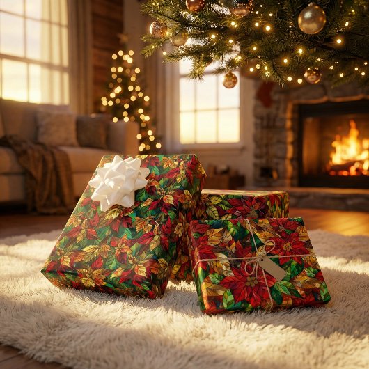 フェスティバルステンドグラスのポインセチア模様 ラッピングペーパーシート