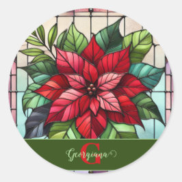 フェスティバルステンドグラスパーソナライズされたポインセチア ラウンドシール