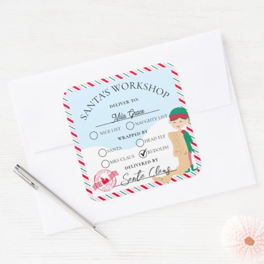 フェスティバルストライプサンタズワークショップギフト スクエアシール (封筒)