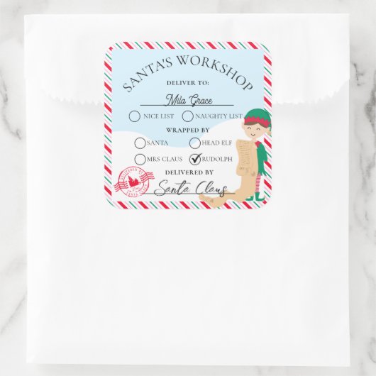 フェスティバルストライプサンタズワークショップギフト スクエアシール (バッグ)