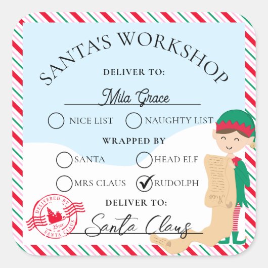 フェスティバルストライプサンタズワークショップギフト スクエアシール (正面)