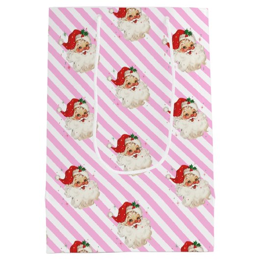 フェスティバルストライプピンクレトロサンタクリスマス ミディアムペーパーバッグ (裏面)