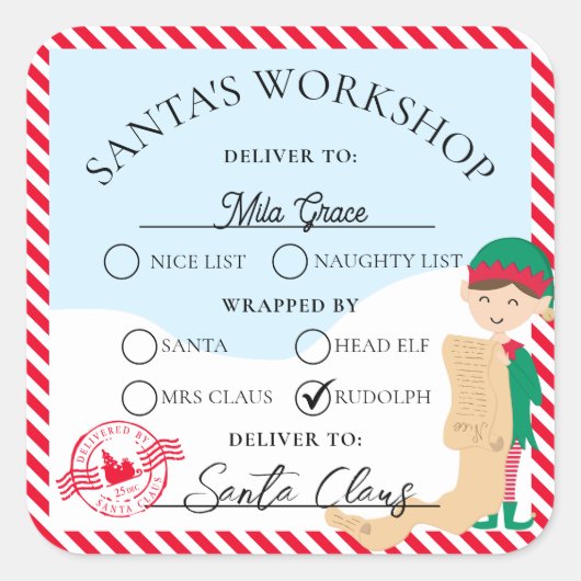 フェスティバルストライプレッドサンタのワークショップギフト スクエアシール (正面)
