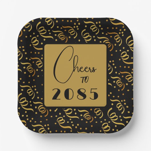フェスティバルストリーマーブラックn金ゴールド新年パーティー ペーパープレート (正面)