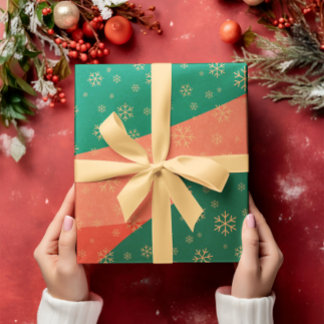 フェスティバルスノーフレークオンレッド&グリーンラッピング紙 ラッピングペーパー