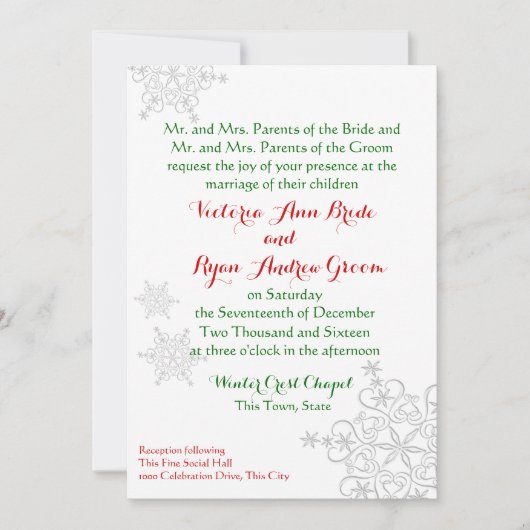 フェスティバルスノーフレークレッドと緑の冬の結婚式 招待状 (正面)