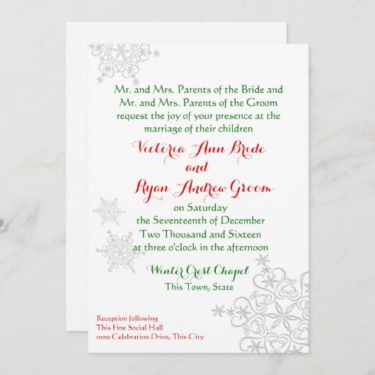 フェスティバルスノーフレークレッドと緑の冬の結婚式 招待状 (正面/裏面)