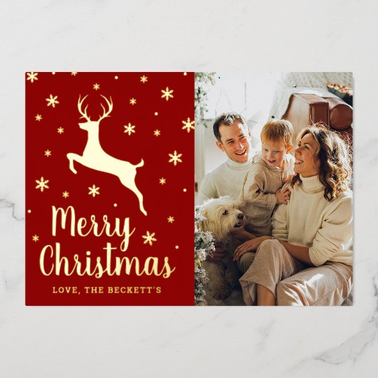 フェスティバルスノーフレーク&トナカイのクリスマスフォト実在 箔シーズンカード (正面)