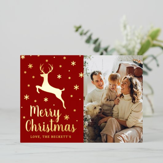フェスティバルスノーフレーク&トナカイのクリスマスフォト実在 箔シーズンカード (立ち正面)