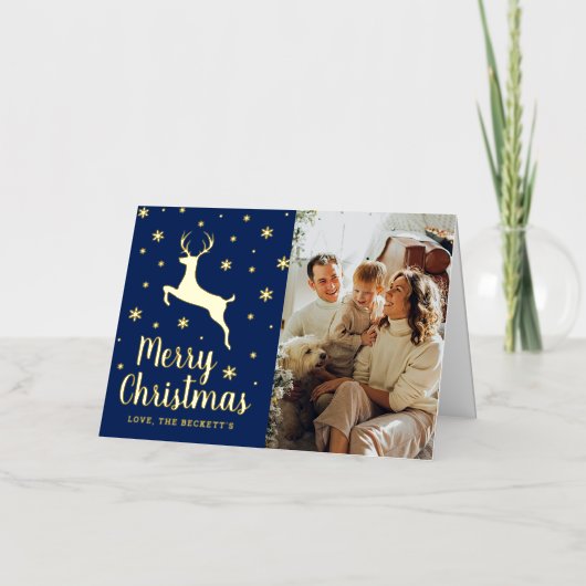 フェスティバルスノーフレーク&トナカイのクリスマスフォト実在 箔シーズンカード (正面)