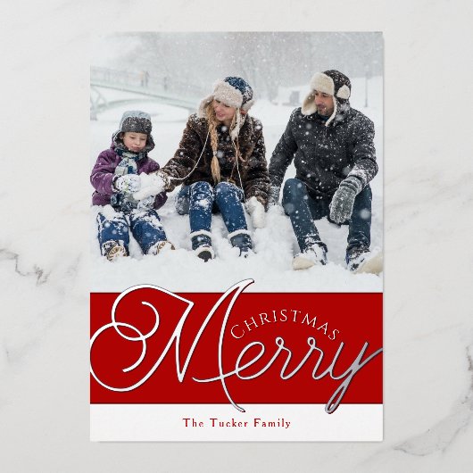 フェスティバルスメリークリプト赤とシルバーフォトクリスマス 箔シーズンカード (正面)