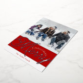 フェスティバルスメリークリプト赤とシルバーフォトクリスマス 箔シーズンカード (回転した状態)