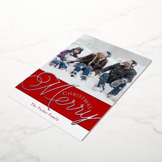 フェスティバルスメリークリプト赤とシルバーフォトクリスマス 箔シーズンカード (回転した状態)