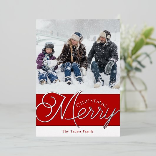フェスティバルスメリークリプト赤とシルバーフォトクリスマス 箔シーズンカード (立ち正面)