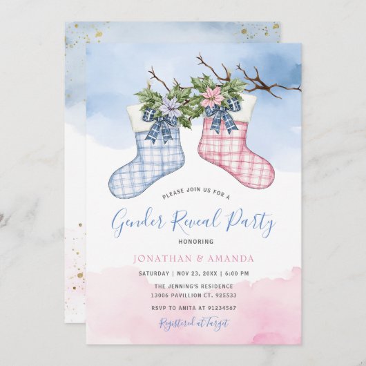 フェスティバルソックスフローラクリスマスジェンダーの表示パーティー 招待状 (正面/裏面)