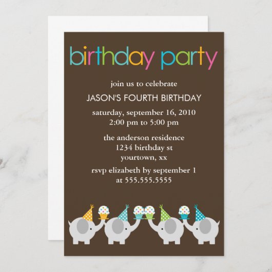 フェスティバルゾウ子供の誕生日パーティー 招待状 (正面/裏面)