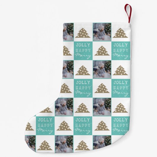 フェスティバルタイポグラフィクリスマスツリーファミリーフォト スモールクリスマスストッキング (裏面)