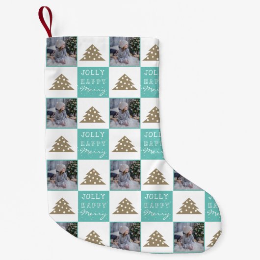 フェスティバルタイポグラフィクリスマスツリーファミリーフォト スモールクリスマスストッキング (正面)