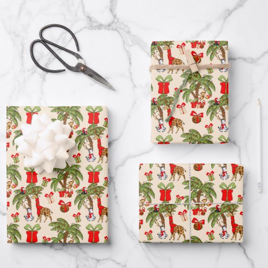 フェスティバルタイルのジャングル動物のパーティークリスマス ラッピングペーパーシート (正面)