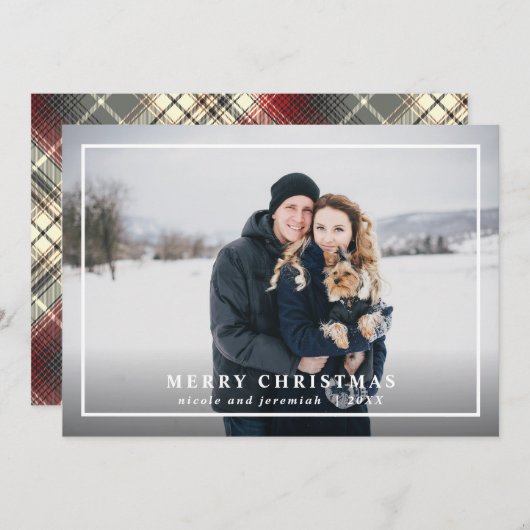 フェスティバルタータンチェックグレーレッドメリークリスマスフォト シーズンカード (正面/裏面)