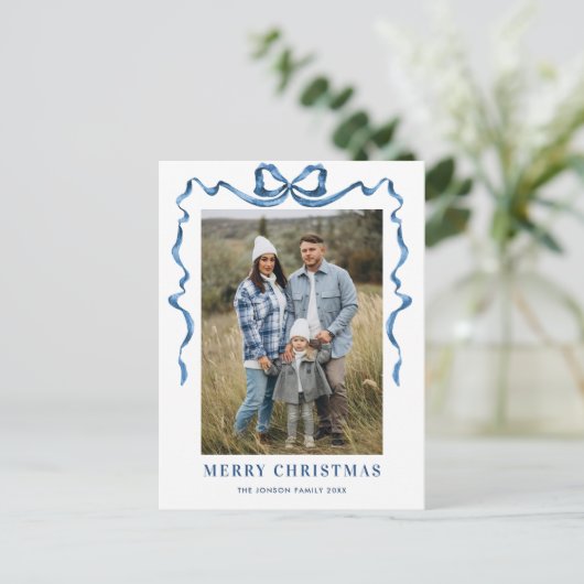 フェスティバルダスティブルークリスマスリボン2写真 ポストカード (スタンド正面)