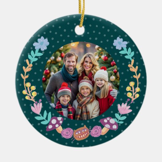 フェスティバルチェシャーキャットフローラリースグリーンクリスマス セラミックオーナメント (正面)