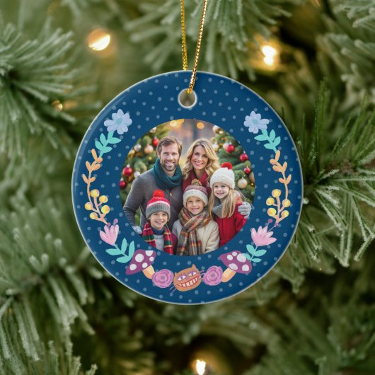 フェスティバルチェシャーキャットフローラリースネイビークリスマス セラミックオーナメント (ツリー)