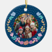 フェスティバルチェシャーキャットフローラリースネイビークリスマス セラミックオーナメント (正面)