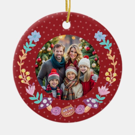 フェスティバルチェシャーキャットフローラリースレッドクリスマス セラミックオーナメント (正面)