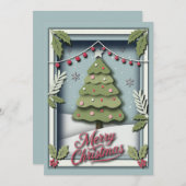 フェスティバルツリーとホリー付き3dクリスマスカード シーズンカード (正面/裏面)