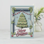 フェスティバルツリーとホリー付き3dクリスマスカード シーズンカード (スタンド正面)