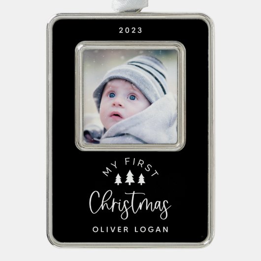 フェスティバルツリー初めてのクリスマス写真 シルバープレートフレームオーナメント (正面)