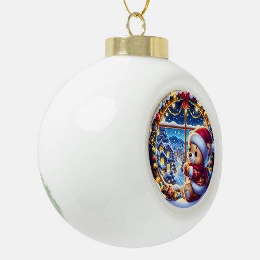 フェスティバルテディベアと冬の風景シーン セラミックボールオーナメント (左)