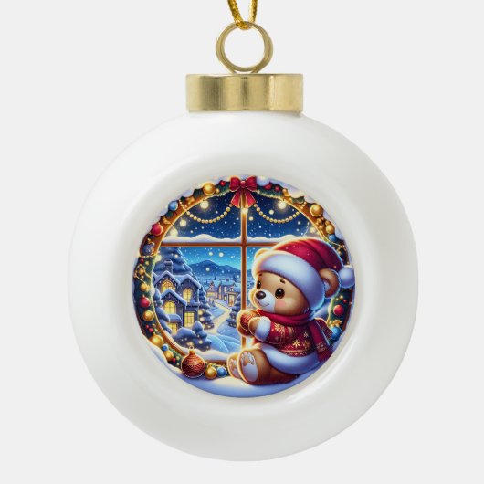 フェスティバルテディベアと冬の風景シーン セラミックボールオーナメント (正面)