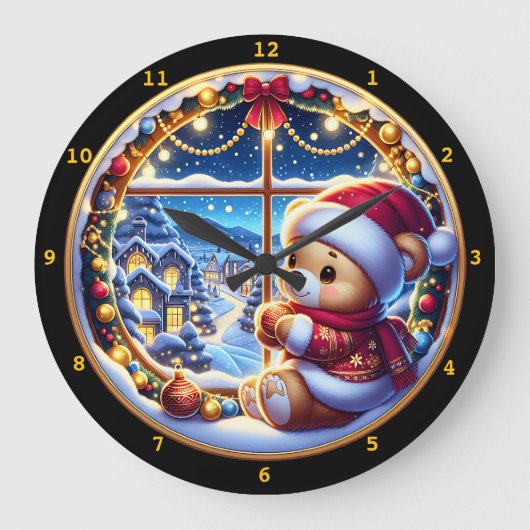 フェスティバルテディベアと冬の風景シーン ラージ壁時計 (正面)