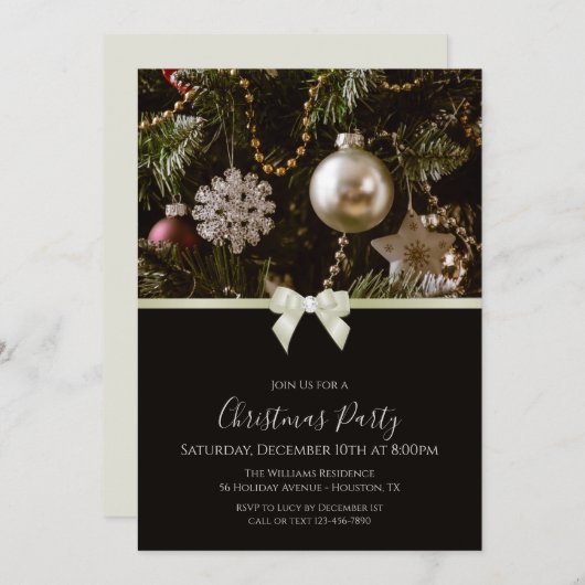 フェスティバルデコレーション、リボン&ジュエルボウのクリスマス 招待状 (正面/裏面)