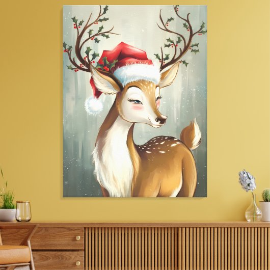 フェスティバルトナカイとホリーとサンタハット キャンバスプリント (インサイチュ (リビング))