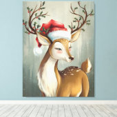 フェスティバルトナカイとホリーとサンタハット キャンバスプリント (インサイチュ (ウッドフロア))