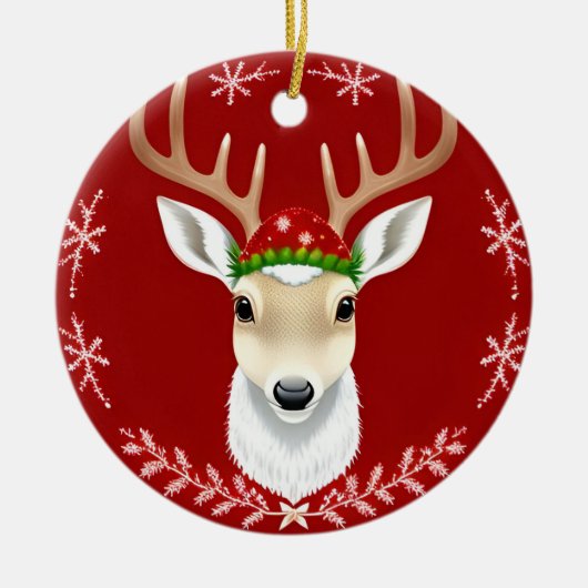 フェスティバルトナカイイラストレーション（赤） セラミックオーナメント (正面)