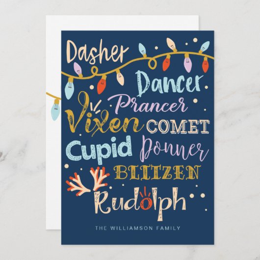 フェスティバルトナカイ&ライツタイポグラフィのクリスマス シーズンカード (正面/裏面)