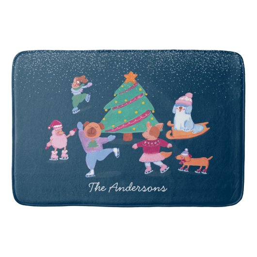フェスティバルドッグアイススケートで滑るダークブルークリスマス バスマット (正面)