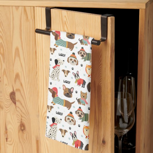 フェスティバルドッグズインホリデーセーター柄 キッチンタオル (三つ折り)