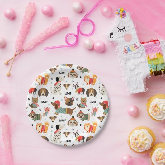 フェスティバルドッグズインホリデーセーター柄 ペーパープレート (パーティー)