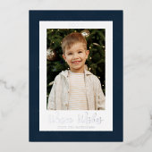 フェスティバルネイビーとシルバーの雪片の写真 箔シーズンカード (正面)