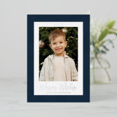 フェスティバルネイビーとシルバーの雪片の写真 箔シーズンカード (立ち正面)